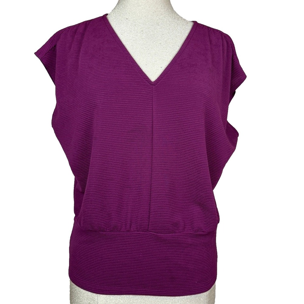 Ann Taylor Factory Blouse Women LP Plum Ribbed Banded Hem Capsule Career Office